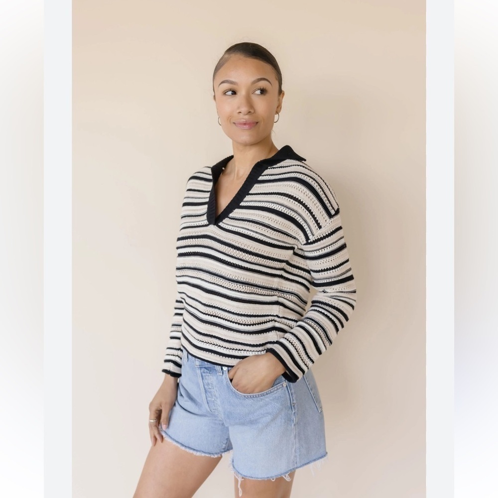 Anthropologie Heartloom Darren Collared Striped Sweater 100% Cotton Cream Size S